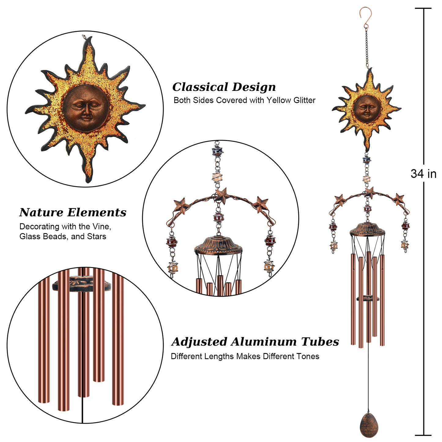 Sun Wind Chime - Wind Chimes for Outside Deep Tone 34 inches 5 Aluminum Tubes, Thanksgiving, Christmas, Birthday Memorial Gifts for Dad, Grandpa, Son, Brother, Decor for Home, Garden, Patio, Backyard