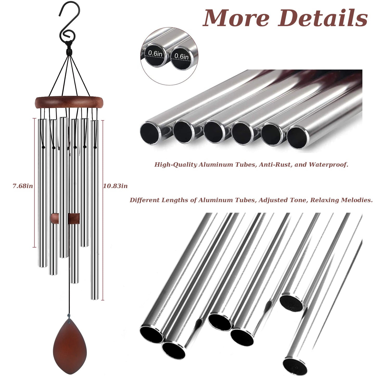 Exrisiry Wind Chimes, 28'' Chimes for Outside Large Deep Tone 6 Aluminum Alloy Tubes Memorial Redwood Wind Chime with S Hook for Friends and Family, Unique Decor for Patio, Garden, Backyard