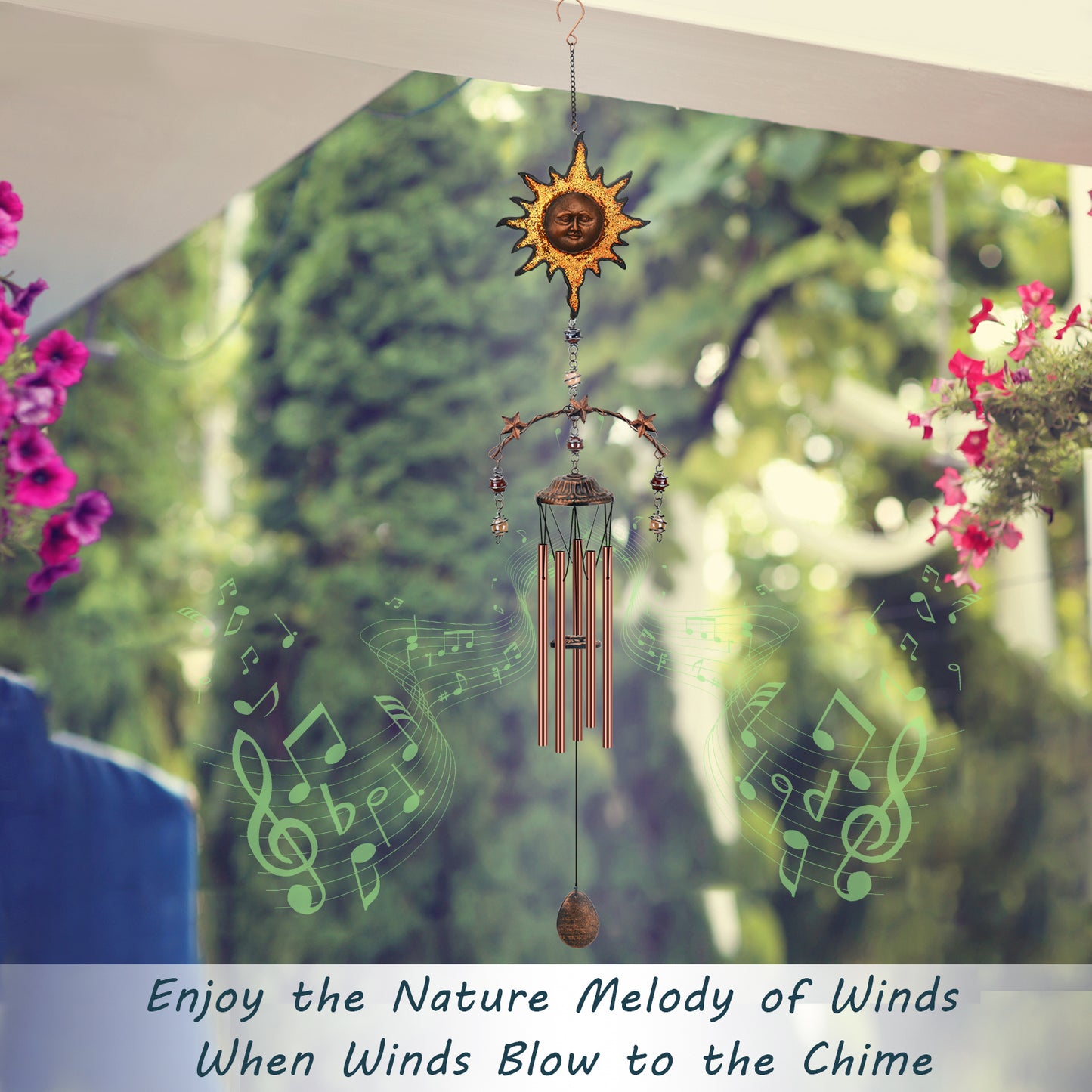 Sun Wind Chime - Wind Chimes for Outside Deep Tone 34 inches 5 Aluminum Tubes, Thanksgiving, Christmas, Birthday Memorial Gifts for Dad, Grandpa, Son, Brother, Decor for Home, Garden, Patio, Backyard