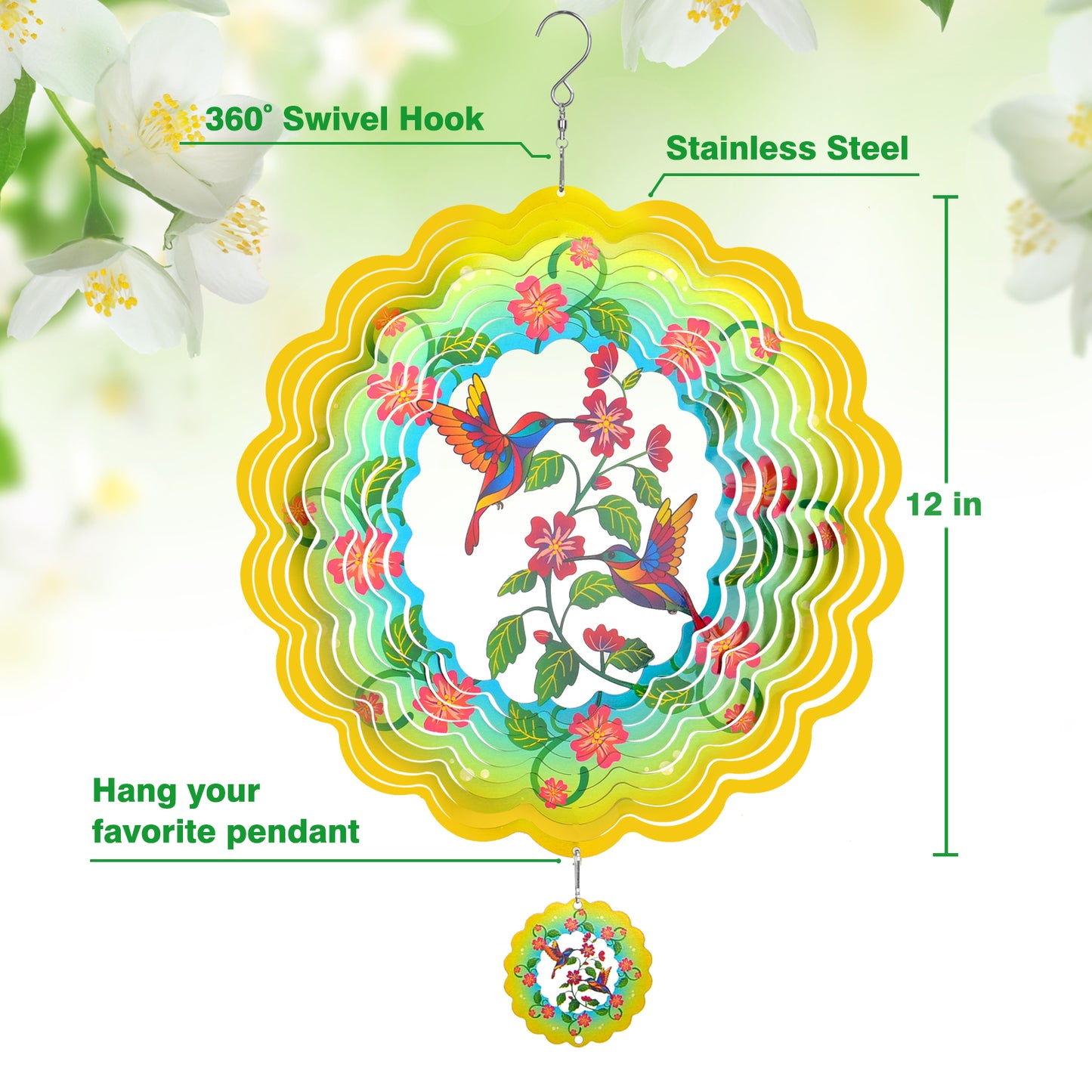 Wind Spinners - 12 Inches Large Hummingbird Wind Sculptures, 3D Reflective Wind Spinners for Yard and Garden, Gifts for Mom, Grandma's Birthday, Anniversary, Home and Outdoor Ornament, Yellow Green