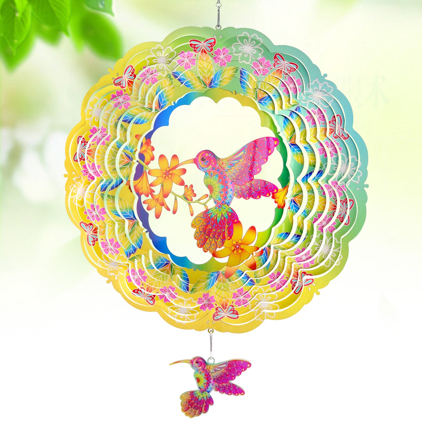 Wind Sculptures - 12 Inches Kinetic Hummingbird Wind Spinners, Reflective Stainless Steel Wind Spinner, Ornament for Home & Outdoor, Unique Gift for Mom, Grandma's Birthday, Anniversary, Yellow Cyan