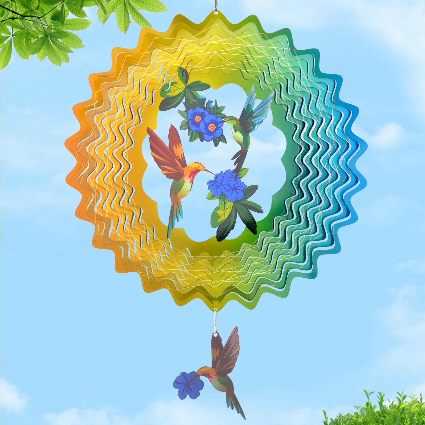 Hummingbird Wind Spinners - 12 Inches Kinetic Reflective Wind Sculptures, Outdoor Large Metal Ornament for Yard & Garden, Unique Gifts for Mom, Grandma's Birthday, Anniversary, Cyan Yellow