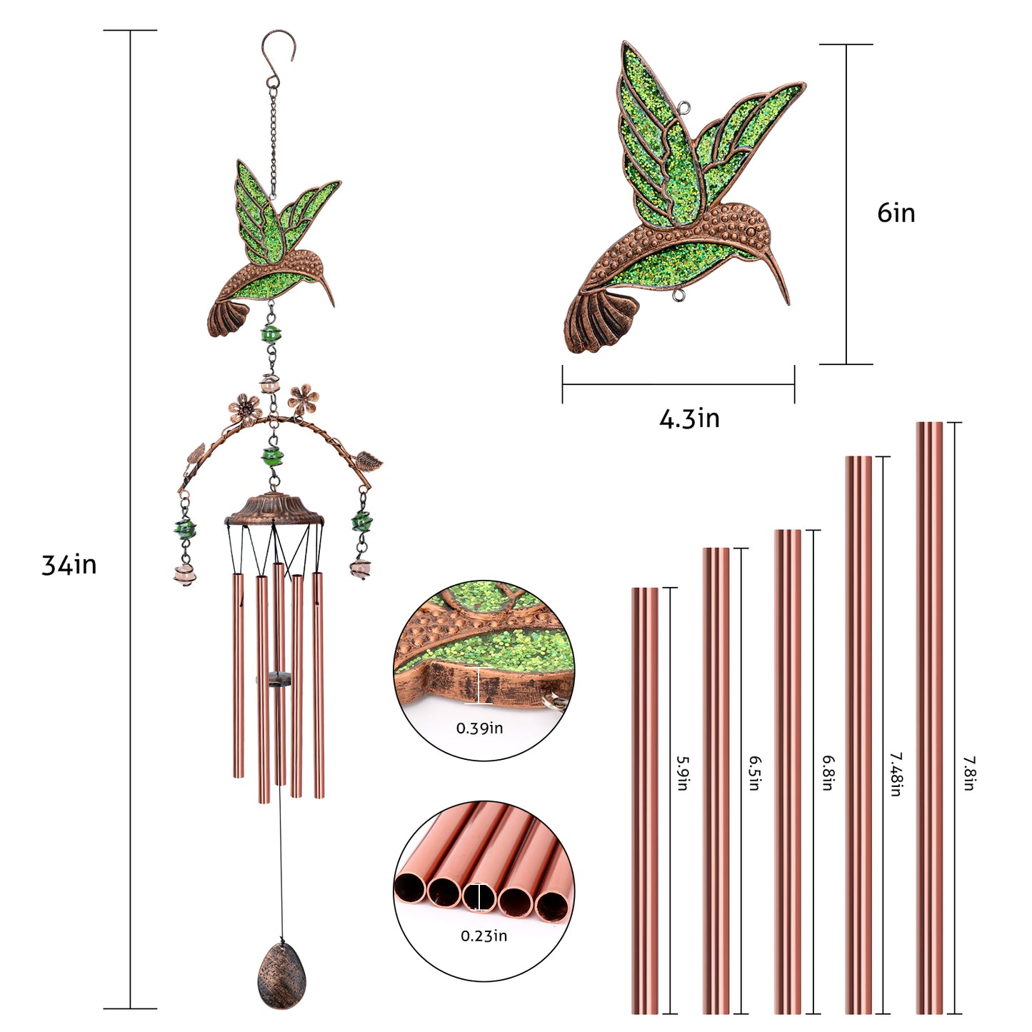Wind Chimes - Hummingbird Wind Chimes for Outside Deep Tone 34 inches 5 Aluminum Tubes, Thanksgiving, Christmas, Birthday Gifts for Mom, Grandma, Daughter, Decoration for Home, Garden, Patio, Backyard