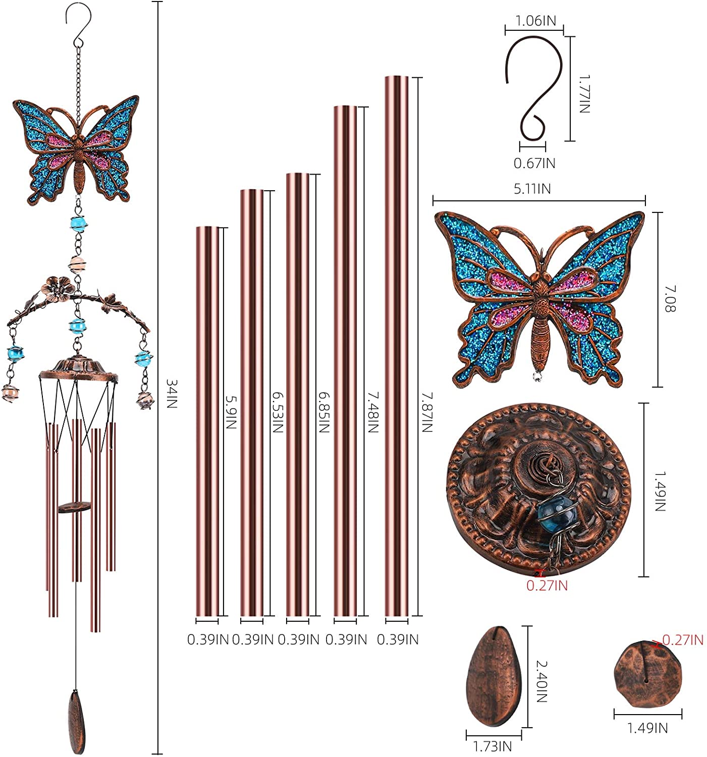 Exrisiry Wind Chimes - Butterfly Wind Chimes for Outside Deep Tone Large Windchimes, Sympathy & Memorial Butterfly Gift for Mom, Grandma, Daughter, Decoration for Home, Garden, Patio, Backyard